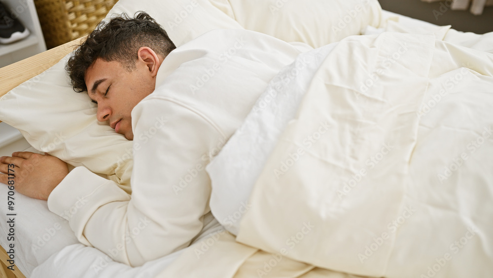 A young man sleeps peacefully in a brightly lit bedroom, evoking a sense of relaxation and comfort. A young man sleeps peacefully in a brightly lit bedroom, evoking a sense of relaxation and comfort.