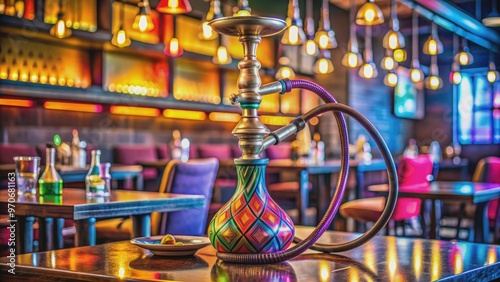 A trendy bar setting with a colorful hookah on the table , hookah, bar, nightlife, smoke, relaxation, socializing