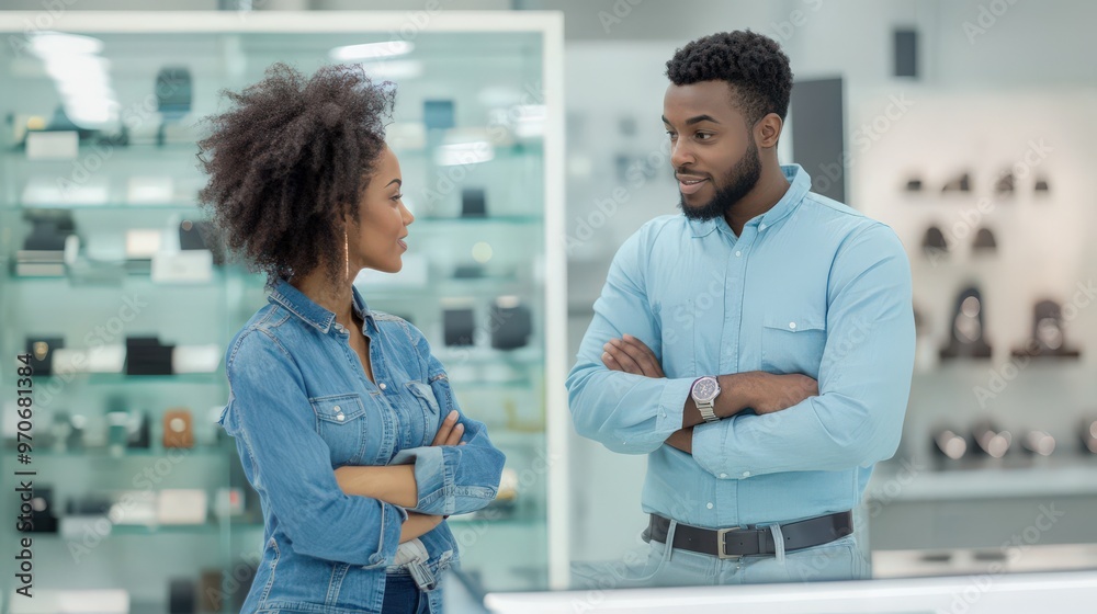 Obraz premium Professional Colleagues Engaged in Conversation at a Retail Store