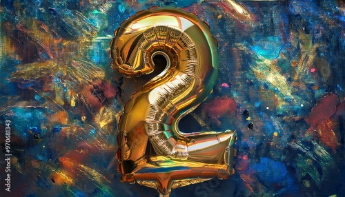 A shiny gold balloon in the shape of the number two