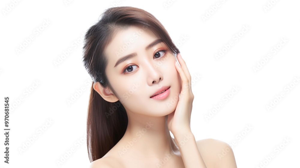 Beautiful young asian woman with perfect skin touching her face on transparent background PNG.
Beautiful young asian woman with perfect skin touching her face on transparent background PNG.