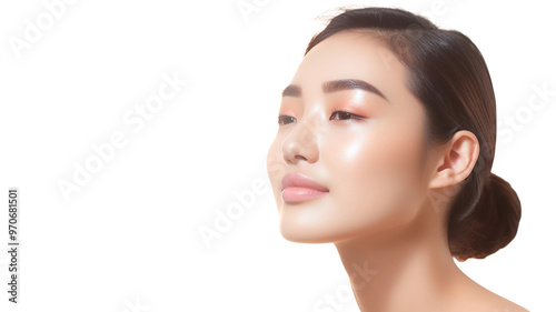 Beautiful asian young woman model glowing hydrated facial skin on transparent background PNG.