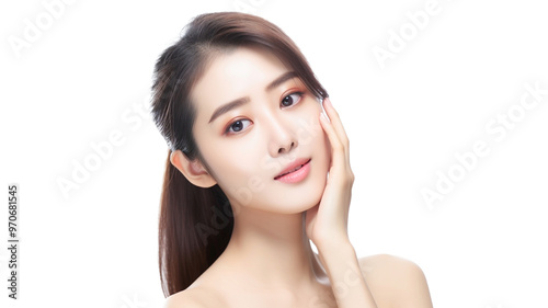 Beautiful young asian woman with perfect skin touching her face on transparent background PNG. 