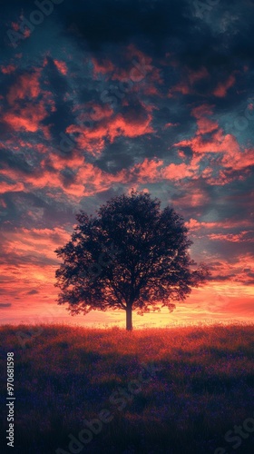 Lone tree at sunset with vibrant sky