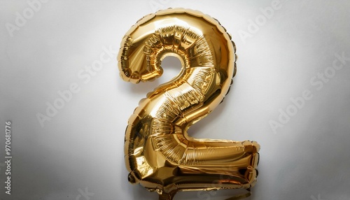 A shiny gold balloon in the shape of the number two