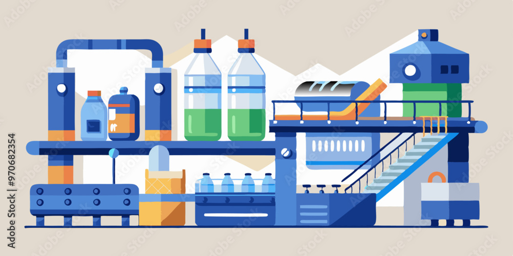 Ilustración de una fábrica de procesamiento de botellas de plástico y productos envasados, representando una cadena de producción moderna y automatizada.