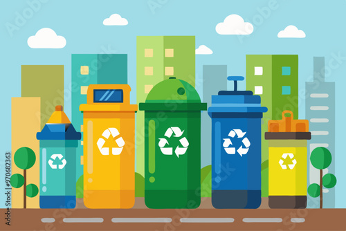 Contenedores de reciclaje de diferentes colores en una ciudad, con edificios de fondo, representando la separación de residuos y el reciclaje urbano.