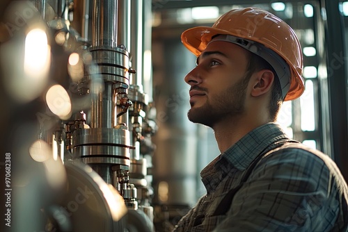 Wallpaper Mural engineer in a construction outfit, confidently overlooking an industrial site. The background features a sprawling factory with sharp metallic details and towering structures Torontodigital.ca