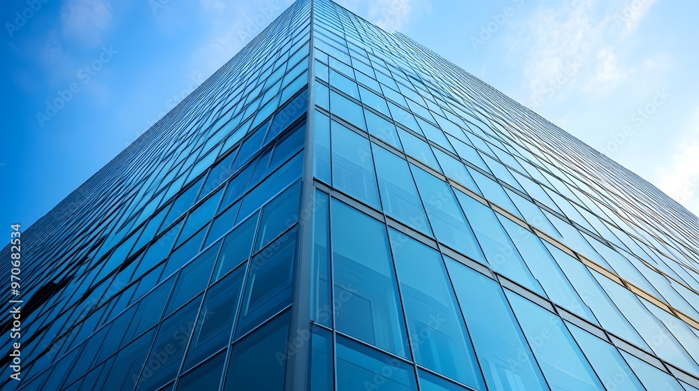 A Low-Angle View of a Modern Glass Building Against a Blue Sky A Low-Angle View of a Modern Glass Building Against a Blue Sky