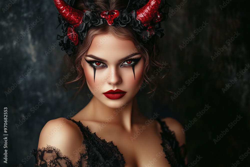 A portrait of a woman dressed up as a sexy halloween devil A portrait of a woman dressed up as a sexy halloween devil