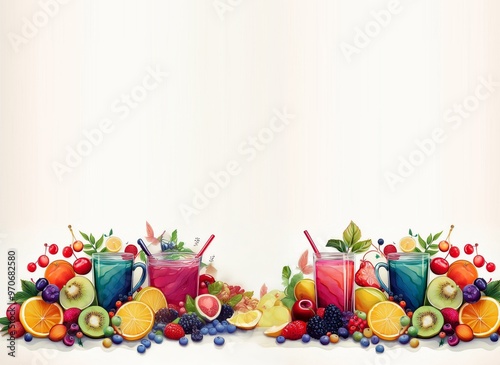 A white background with two rows of colorful fruit juices with fresh fruit scattered around the bottom of the frame.