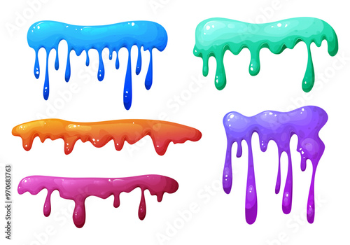 Splat slime mucus collection . Sticky liquid goo spots and blobs. Colorful jelly cartoon snot and smudges. Vector illustration isolated on white background