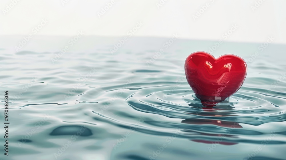 Fototapeta premium 3D heart shaped water floating on water, symbolizing love and romance, isolated on a blue background with elements of summer, nature and Valentine's Day holiday themes.