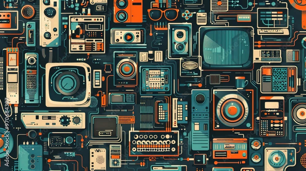 Fototapeta premium Retro tech pattern wallpaper