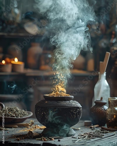 A witchy incense burner with the smoke that goes up. The incense burner is a cast iron cauldron, settled on a dark wood table surrounded by herbs, spices and small bottles full of powdered herbs. photo