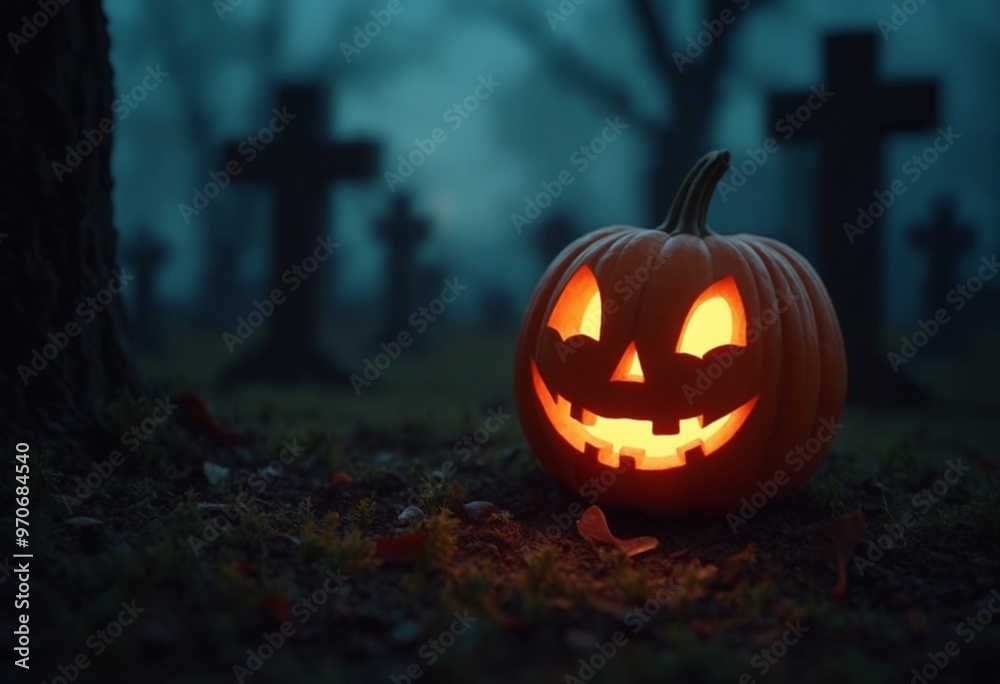 Fototapeta premium A Jack O lantern on the soil of a creepy cemetery at night, copy space on a side - Halloween