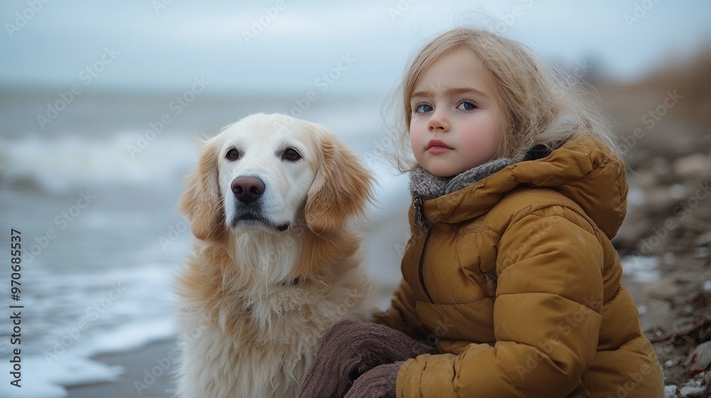 A child and a golden retriever relax on a rocky beach, gazing at the ocean waves. The atmosphere is calm and peaceful, with gray skies above them A child and a golden retriever relax on a rocky beach, gazing at the ocean waves. The atmosphere is calm and peaceful, with gray skies above them