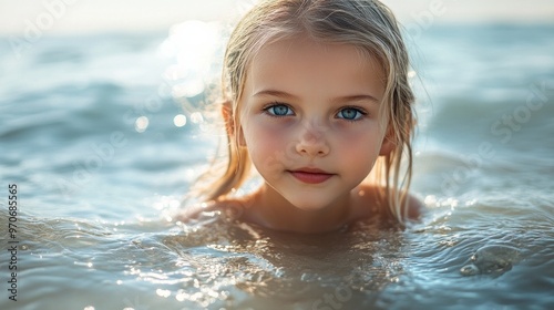 The girl with sparkling blue eyes smiles while gently floating in the warm, shallow ocean water, surrounded by a sunlit shoreline and gentle waves