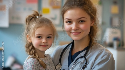 A healthcare worker gently holds a smiling young girl in a medical office, exuding warmth and compassion, fostering a reassuring atmosphere for pediatric care