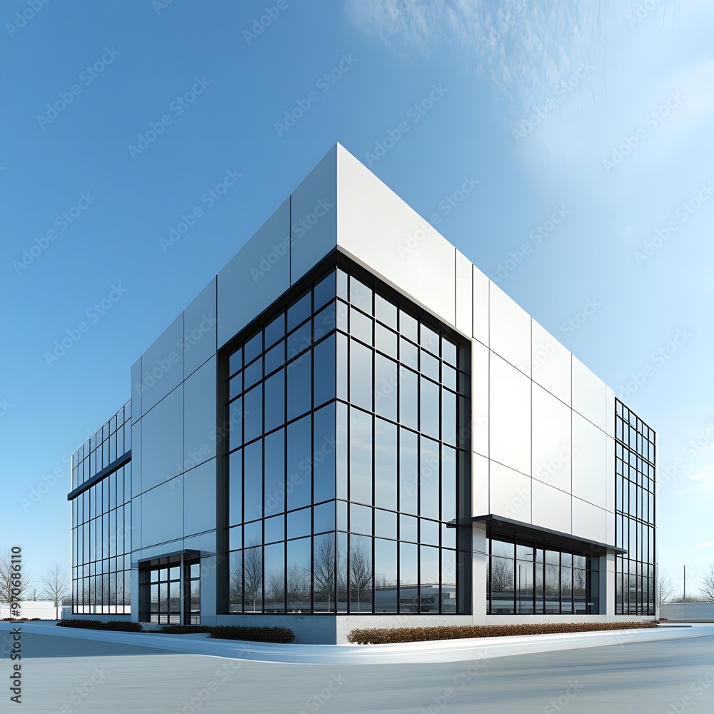 Modern White and Glass Building with Blue Sky Modern White and Glass Building with Blue Sky