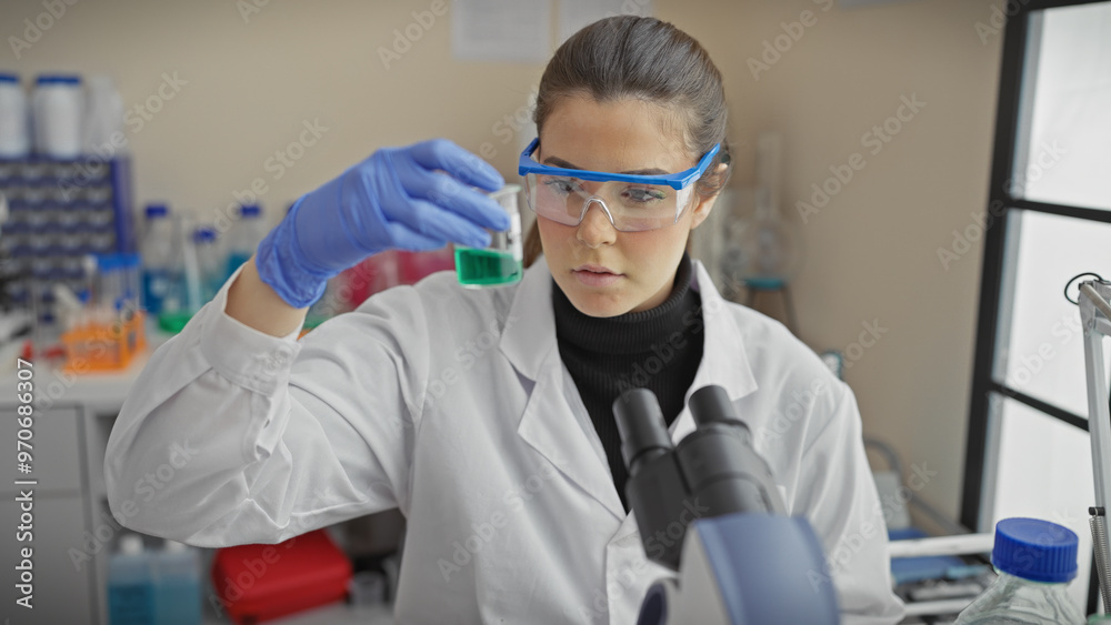A young hispanic woman examines a vial in a laboratory, showcasing her role in scientific research and healthcare. A young hispanic woman examines a vial in a laboratory, showcasing her role in scientific research and healthcare.