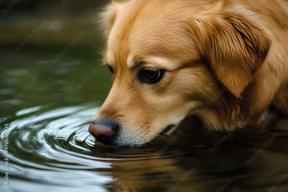A golden dog curiously gazes into rippling water. A golden dog curiously gazes into rippling water.