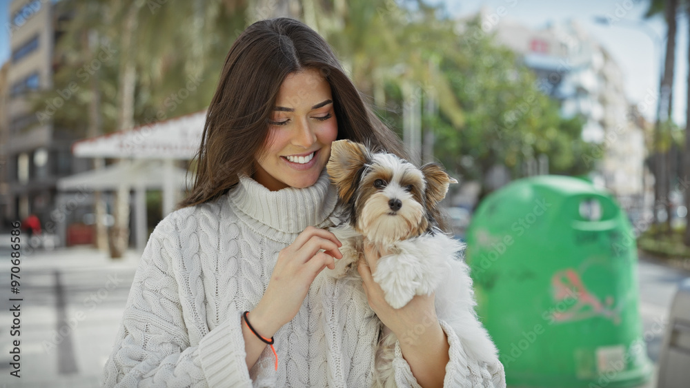 A smiling young hispanic woman holds a biewer yorkshire terrier on a sunlit urban street A smiling young hispanic woman holds a biewer yorkshire terrier on a sunlit urban street