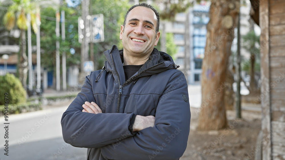 Smiling hispanic man with arms crossed wearing a jacket standing outdoors in a city park. Smiling hispanic man with arms crossed wearing a jacket standing outdoors in a city park.