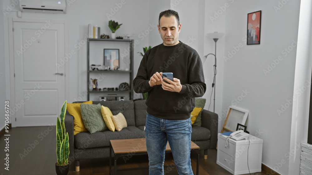 © Krakenimages.com - A man holding smartphone intently browses in a modern home interior with tasteful decor and furniture. © Krakenimages.com - A man holding smartphone intently browses in a modern home interior with tasteful decor and furniture.