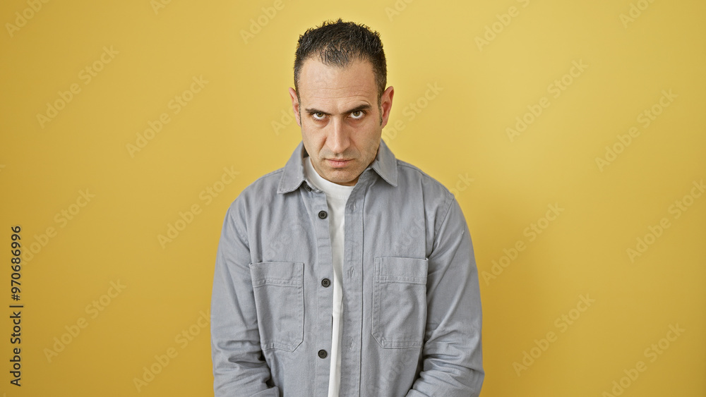 Hispanic man in grey shirt posing with a stern expression against a plain yellow background, depicting a serious adult male. Hispanic man in grey shirt posing with a stern expression against a plain yellow background, depicting a serious adult male.