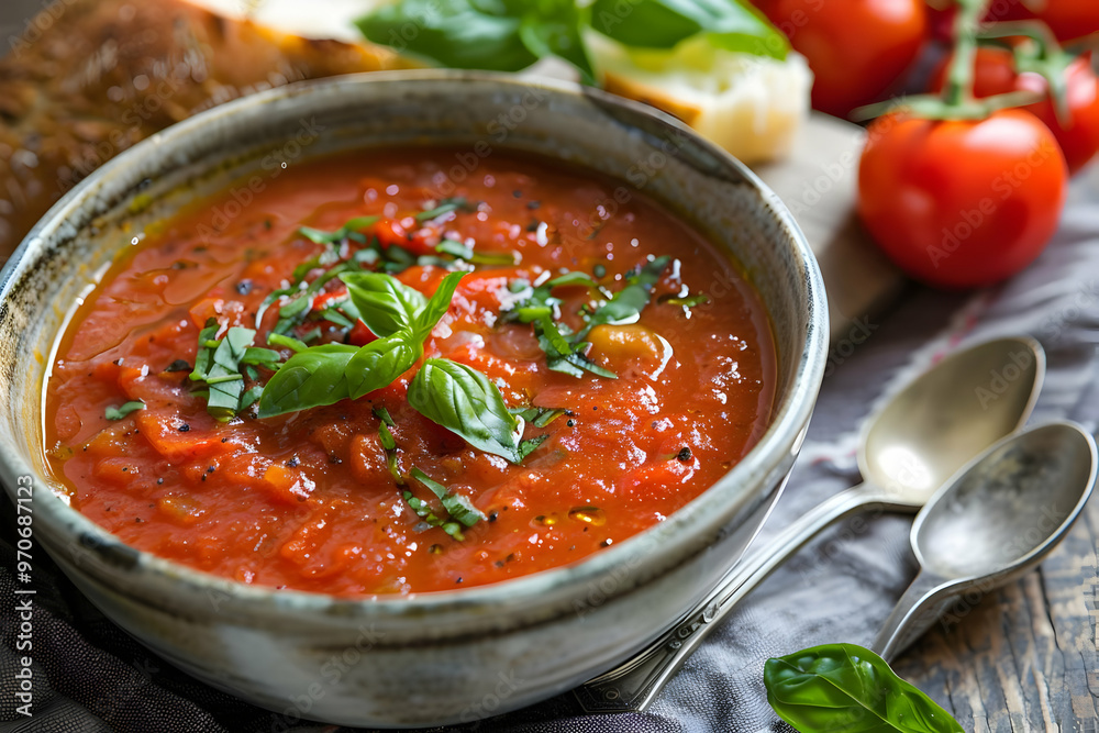 Tomato Basil Soup Photo - Rustic Bowl with Bread Tomato Basil Soup Photo - Rustic Bowl with Bread