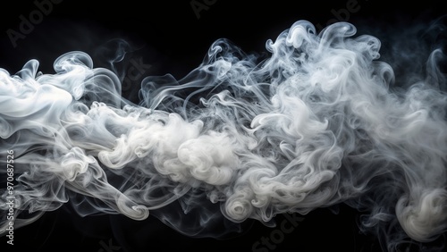 Soft, white smoke gently swirling and dispersing on a dark, black background, creating a subtle and atmospheric backdrop for text or graphics