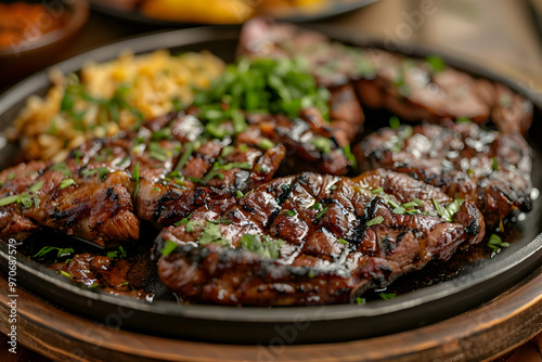 Delicious Grilled Steak Photo - Sizzling Hot Steak with Fresh Herbs and Spices