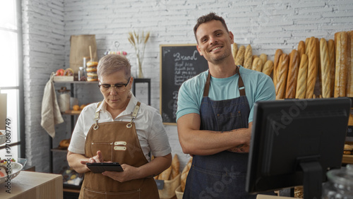 Man and woman in aprons working in a bakery with shelves of bread in the background, both appearing focused and engaged in their tasks