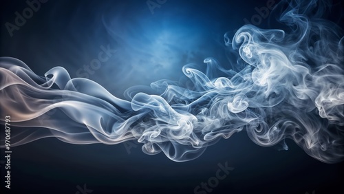 A smooth, flowing cloud of gray smoke rising in delicate waves against a gradient background from deep blue to black, perfect for a moody and elegant visual