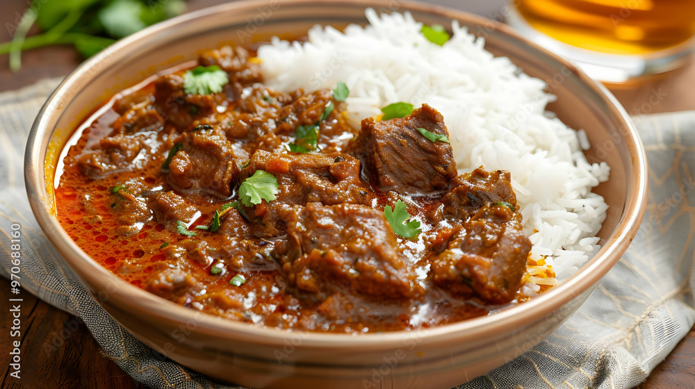 Spicy Beef Curry Photo with Rice and Cilantro Garnish Spicy Beef Curry Photo with Rice and Cilantro Garnish