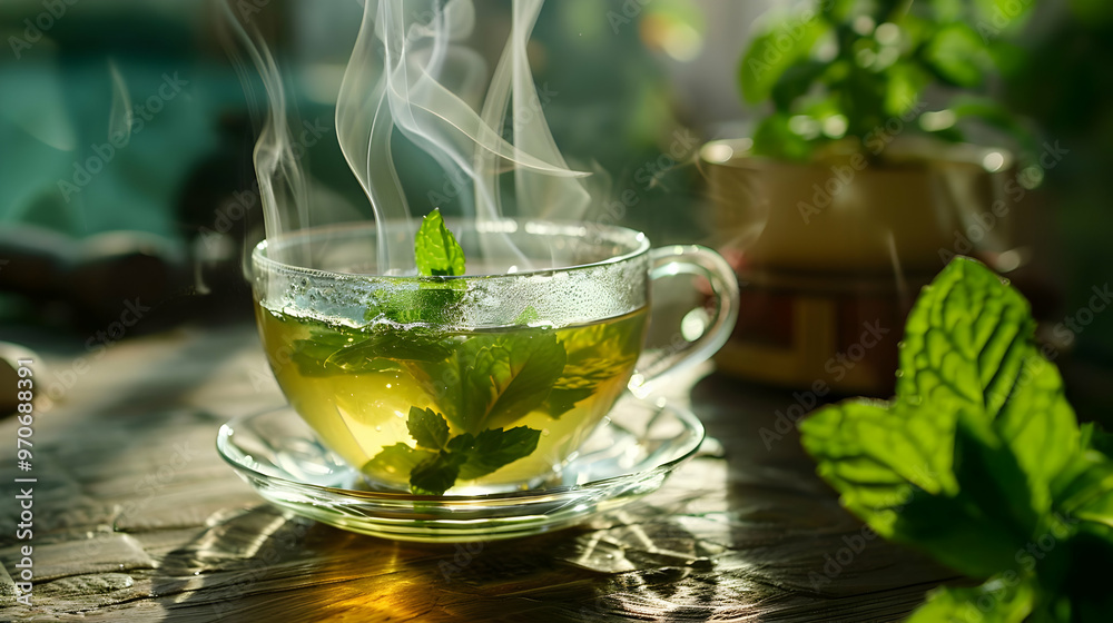 Steaming Cup of Fresh Mint Tea Photo Steaming Cup of Fresh Mint Tea Photo