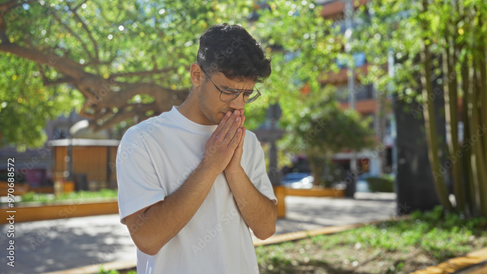 A handsome, young hispanic man stands in an urban park, displaying a contemplative expression outdoors with lush greenery in the background. A handsome, young hispanic man stands in an urban park, displaying a contemplative expression outdoors with lush greenery in the background.