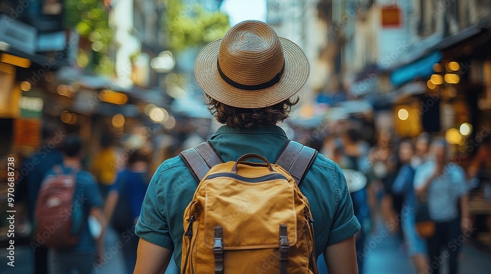 Back view of a young man wearing a hat and backpack, walking through the city with a blurred background of people in motion, conveying a summer travel and exploration concept
Back view of a young man wearing a hat and backpack, walking through the city with a blurred background of people in motion, conveying a summer travel and exploration concept