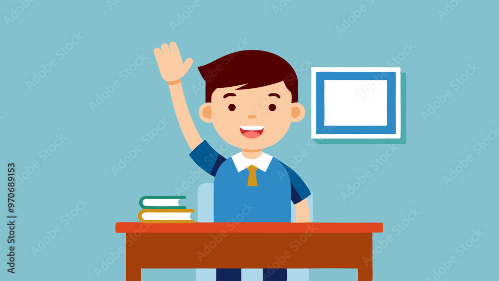 happy schoolboy sitting at his desk and raising his hand, children, learning, back to school happy schoolboy sitting at his desk and raising his hand, children, learning, back to school
