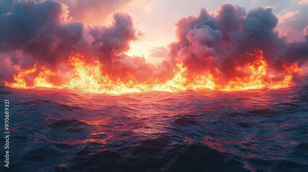 Fiery waves of flame meet dark ocean waters under a dramatic sky, creating an intense and surreal landscape of conflicting natural elements in motion. Fiery waves of flame meet dark ocean waters under a dramatic sky, creating an intense and surreal landscape of conflicting natural elements in motion.