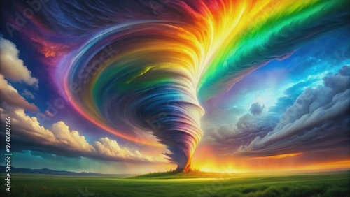 Vibrant rainbow tornado swirling with energy , rainbow, colorful, vibrant, tornado, energy, natural, power, dynamic, swirling photo