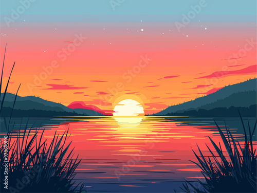 Sunset Serenity: A Tranquil Lake's Twilight Embraces the End of a Day