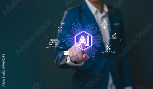 Businessman using technology smart robot Ai technology, Artificial Intelligence. artificial intelligence command prompt for generates something, data finance and technology business transformation.