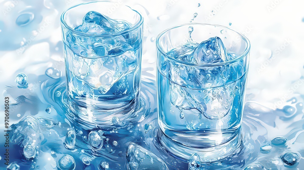 Two glasses of water with ice cubes splashing, emphasizing refreshment, hydration, and purity in crystal-clear liquid form. Two glasses of water with ice cubes splashing, emphasizing refreshment, hydration, and purity in crystal-clear liquid form.