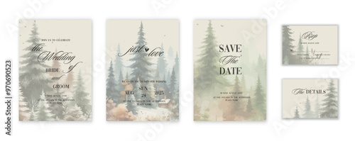 Rustic greenery wedding invitation card template with watercolor Pine Tree Forest.
