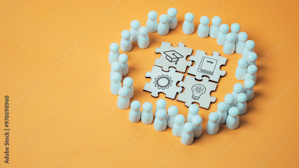 A group of people are arranged in a circle with a jigsaw piece in the middle. icon Learning. Concept of collaboration and teamwork