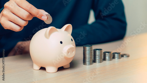 Obraz na płótnie saving money in a piggy bank, income, return, retirement, compensation fund, investment, dividend tax, stock market, Saving money concept for the future.Planning for support. w salonie