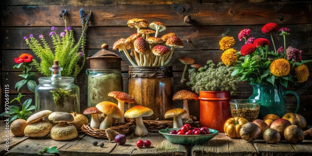 bold colorful mushroom still life arrangement on rustic wooden table surrounded by vintage botanical prints and antique apothecary jars bold colorful mushroom still life arrangement on rustic wooden table surrounded by vintage botanical prints and antique apothecary jars