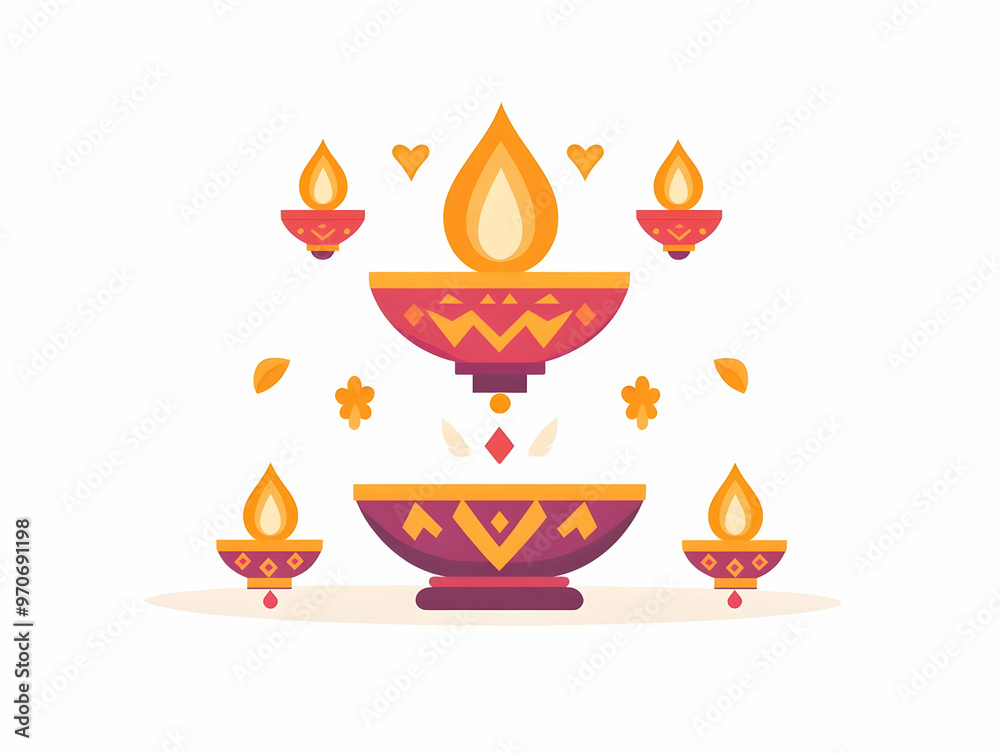 Flat Diwali Lantern and Diya with Floating Rangoli Elements - Abstract Vector Illustration Isolated on White Background Celebrating Festive Hindu Artistry Flat Diwali Lantern and Diya with Floating Rangoli Elements - Abstract Vector Illustration Isolated on White Background Celebrating Festive Hindu Artistry